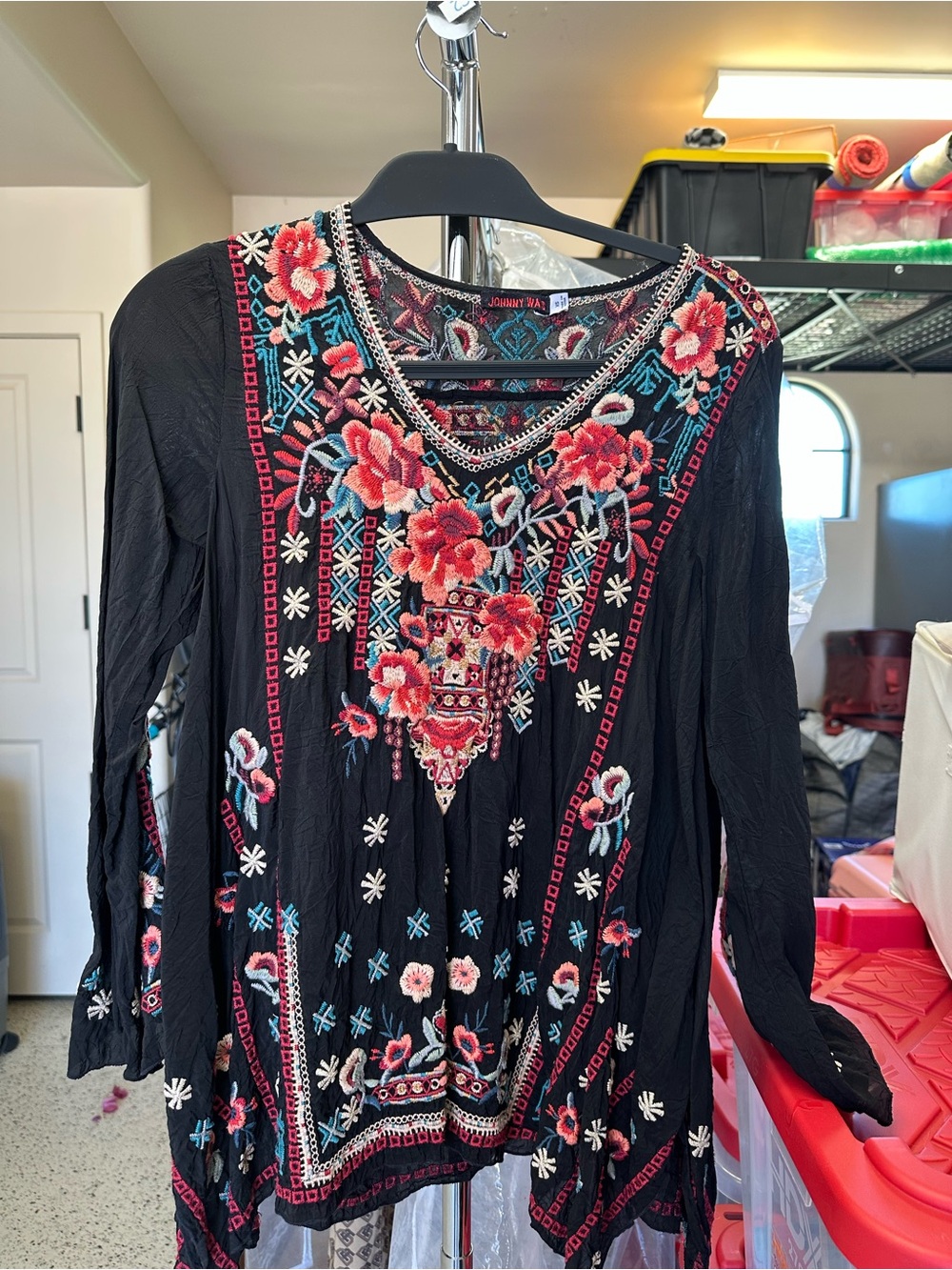 Johnny Was Black Tunic with Multicolor Floral Embroidery